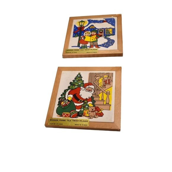 2 Vintage Christmas Ceramic Tile Santa & Carolers Wood Frame Hanging Trivets - Picture 1 of 4